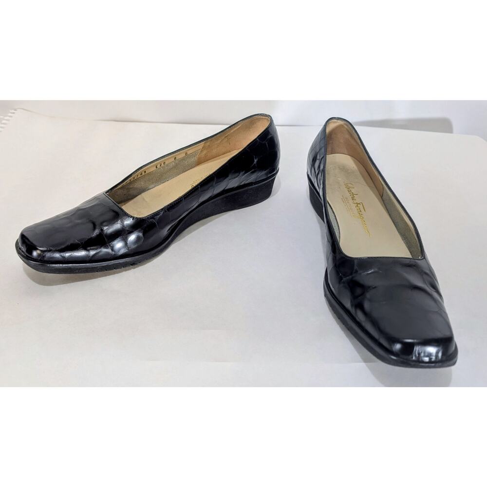 Salvatore Ferragamo Black‎ Croc Embossed Leather Wedge Pumps Size 8B